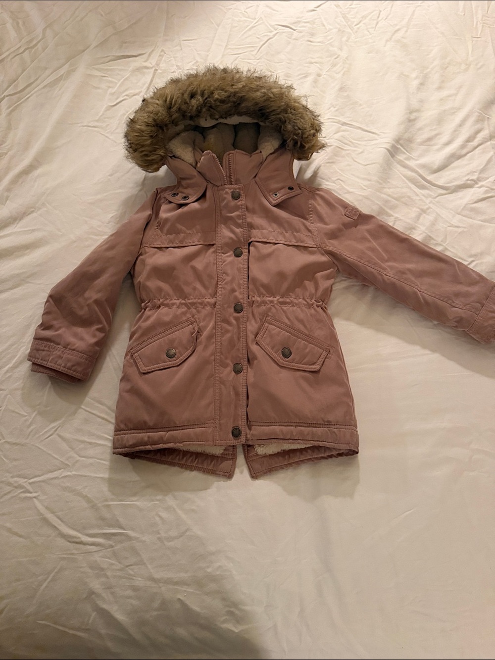 abercrombie kids dusty pink faux-fur hooded puffer parka